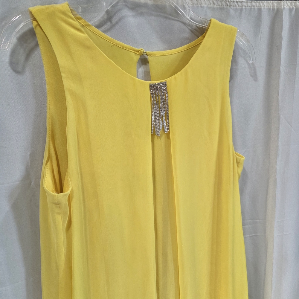 MSK Sz 14 Solid Yellow Chiffon Sheer Overlay Shift Dress Wedding Guest Boho Mod